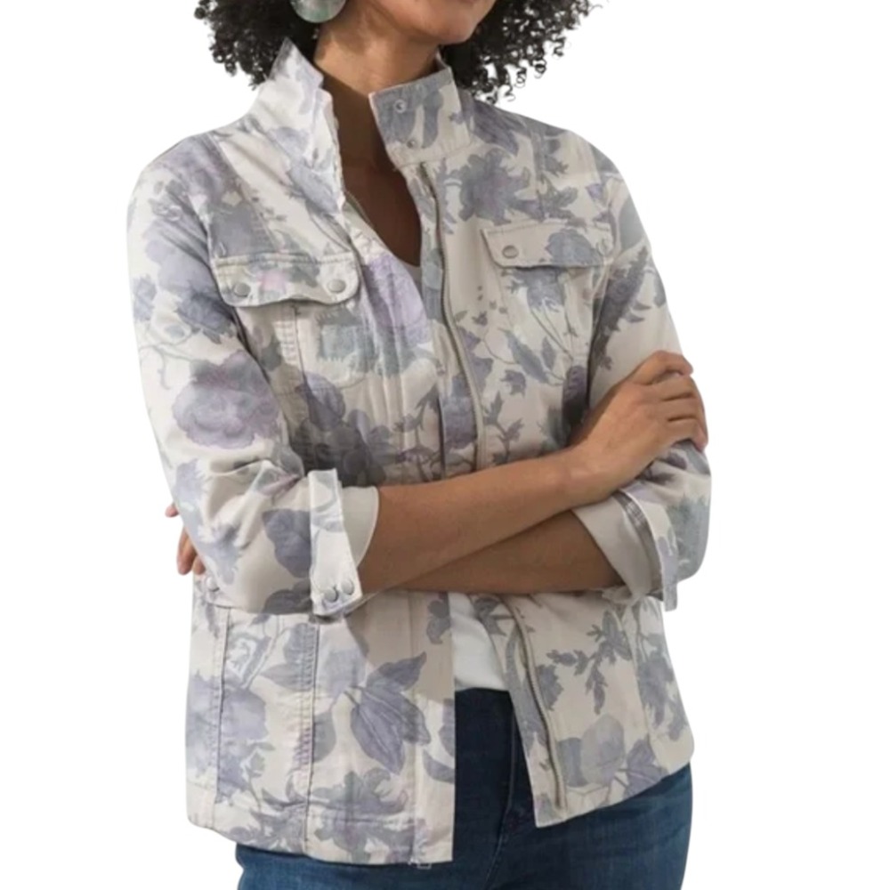 CHICO'S Military Twill UTILITY JACKET Muted Floral Khaki/Gray/Multi SIZE S/0